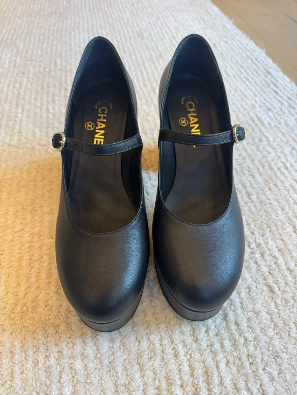 CHANEL Black Leather Mary Jane Platform Block Heels